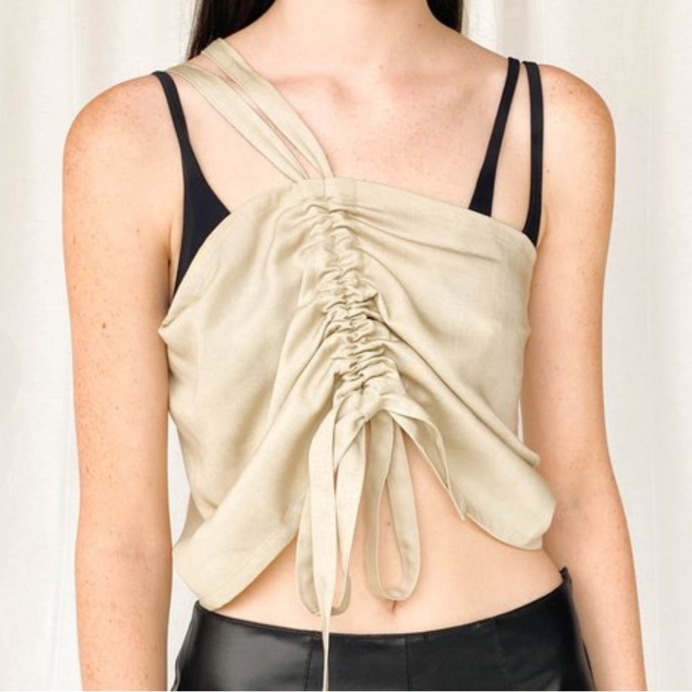 Beige cotton drawstring ruched top by Desire Klein. Reversible fit. Sz xs